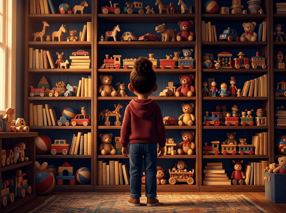 Un enfant de 6 ans vu de dos, bras le long du corps, devant une étagère débordant de jouets, incapable de choisir.