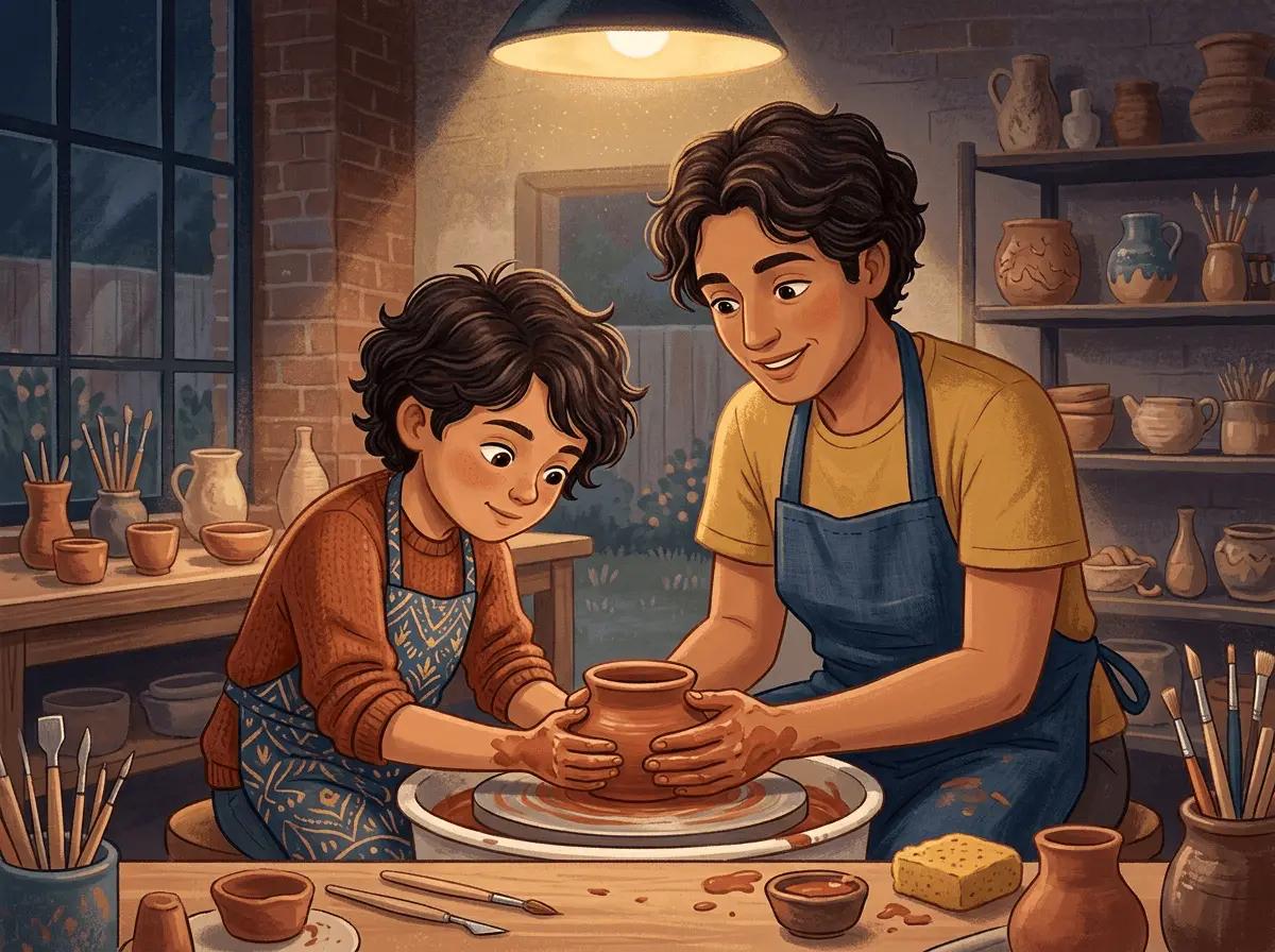 Un parent et un enfant de 8 ans, les mains couvertes d'argile, façonnent ensemble un petit pot sur la table d'un atelier de poterie.