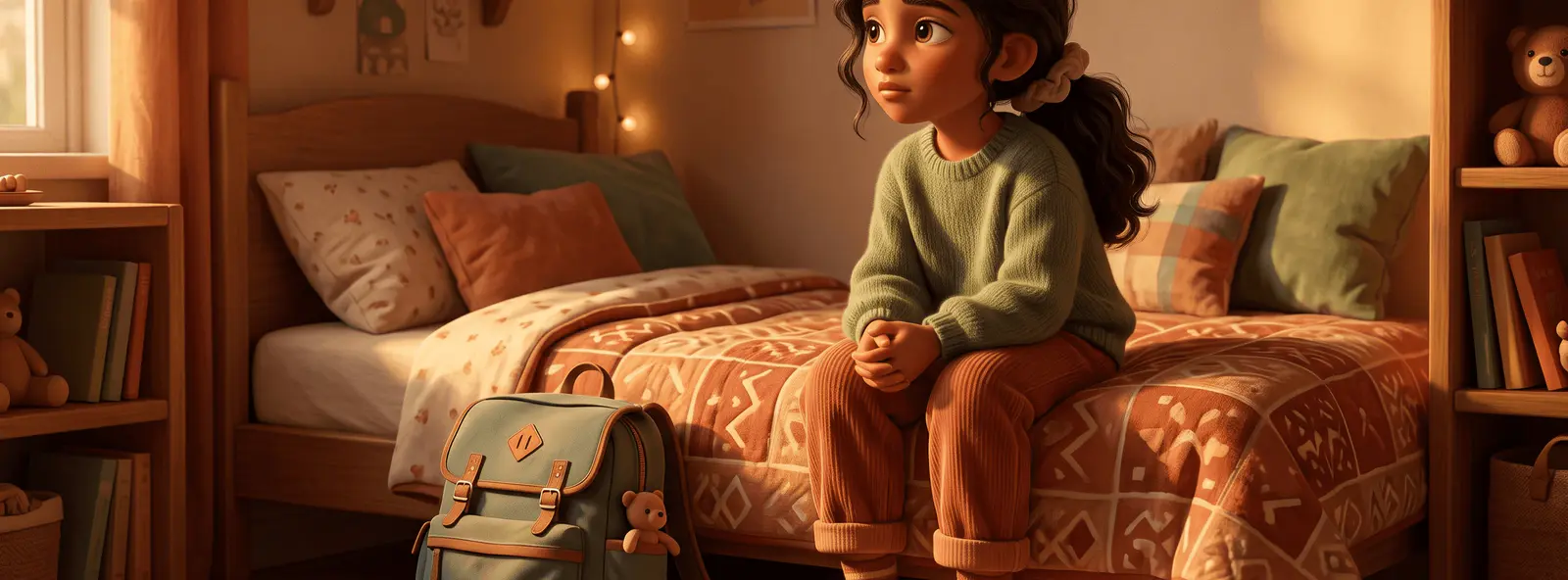 Une fillette de 8 ans assise au bord de son lit un dimanche soir, un cartable prêt posé au sol, les mains sur les genoux, l'air songeur.
