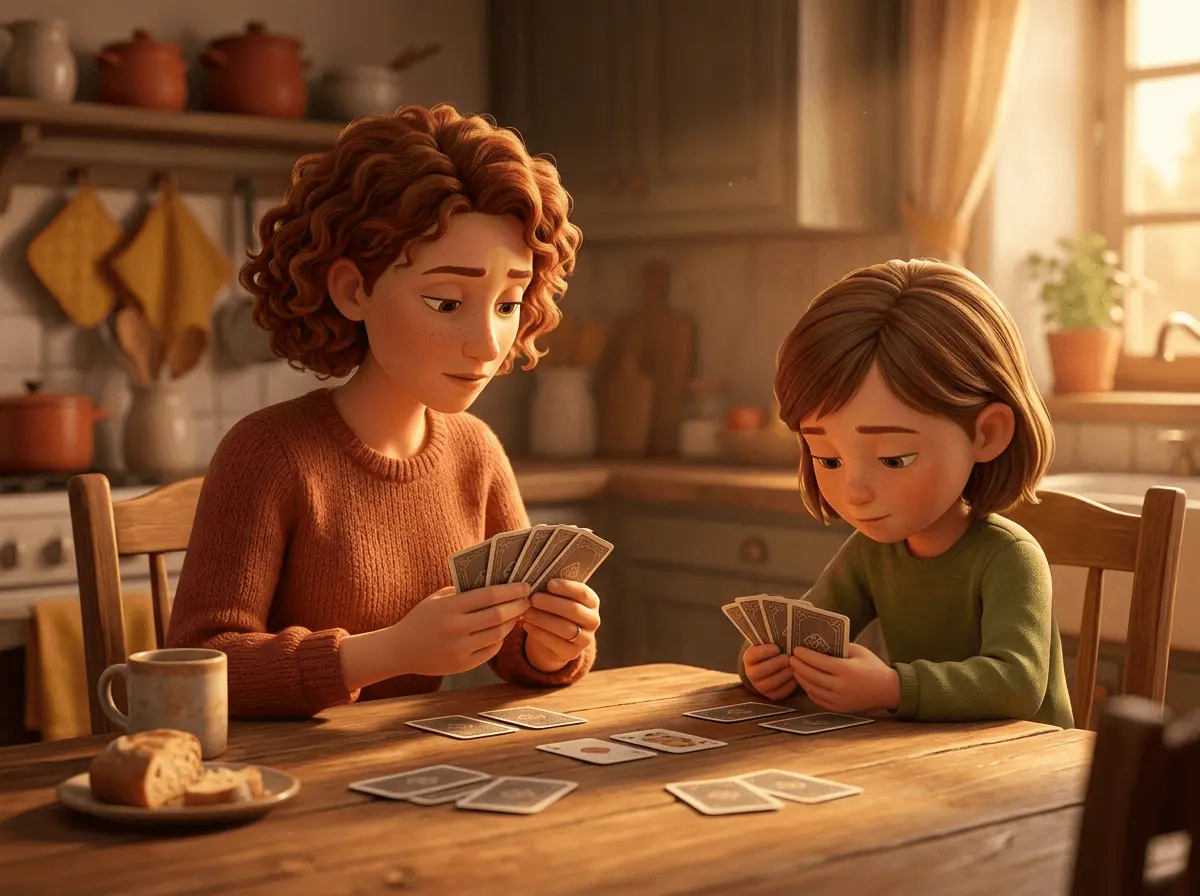 Un parent et un enfant de 8 ans jouent tranquillement aux cartes à une table de cuisine le soir, sans se regarder.