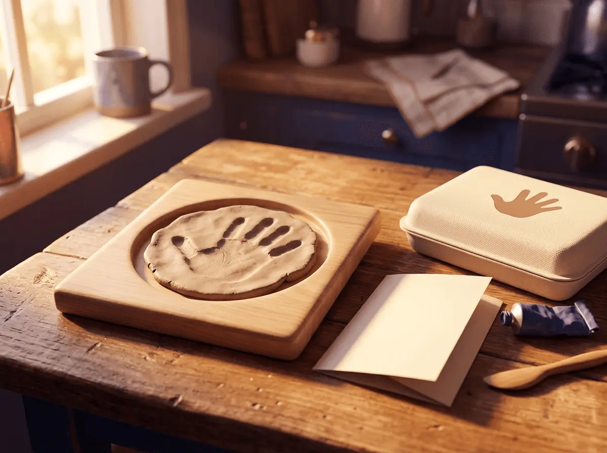 Gros plan d'une empreinte de main d'enfant en argile montée dans un cadre en bois simple, posée sur une table de cuisine à côté d'un kit d'argile et d'une carte pliée.