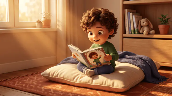 Enfant de 4 ans dans un coin lecture avec un livre illustré ouvert sur les genoux