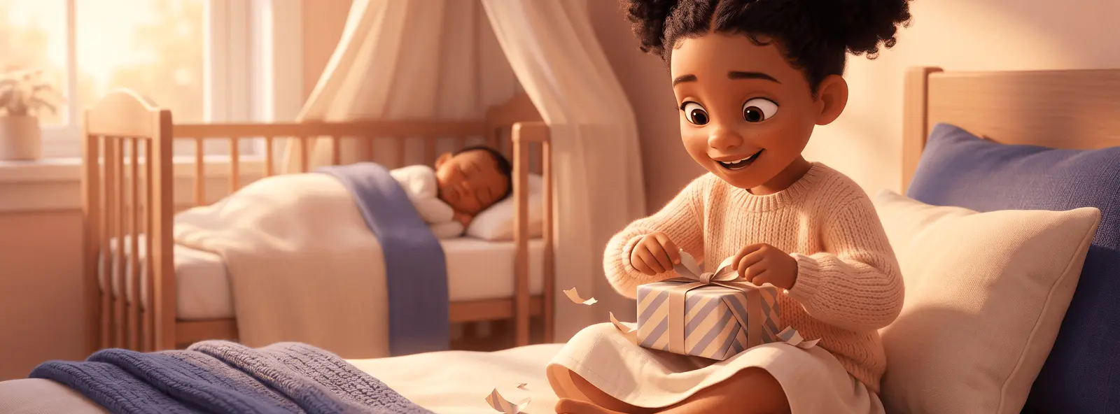 Une grande sœur de 5 ans assise sur un lit ouvre son propre cadeau emballé, ravie, tandis qu'un nouveau-né dort dans un berceau en arrière-plan flou.