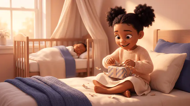 Une grande sœur de 5 ans assise sur un lit ouvre son propre cadeau emballé, ravie, tandis qu'un nouveau-né dort dans un berceau en arrière-plan flou.