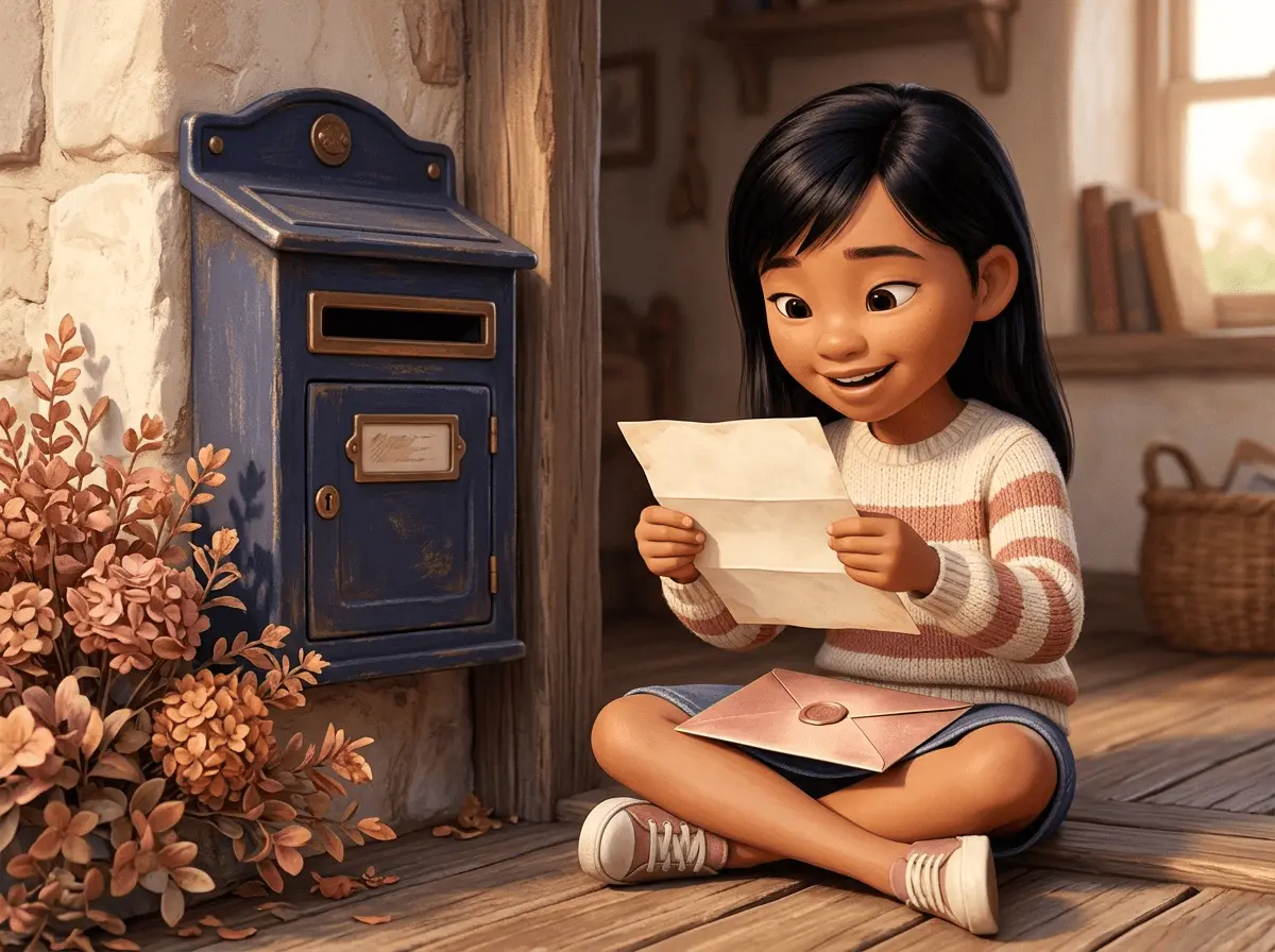 Une fillette de 8 ans assise par terre près d'une boîte aux lettres lit une lettre manuscrite avec enthousiasme, une enveloppe sur les genoux.