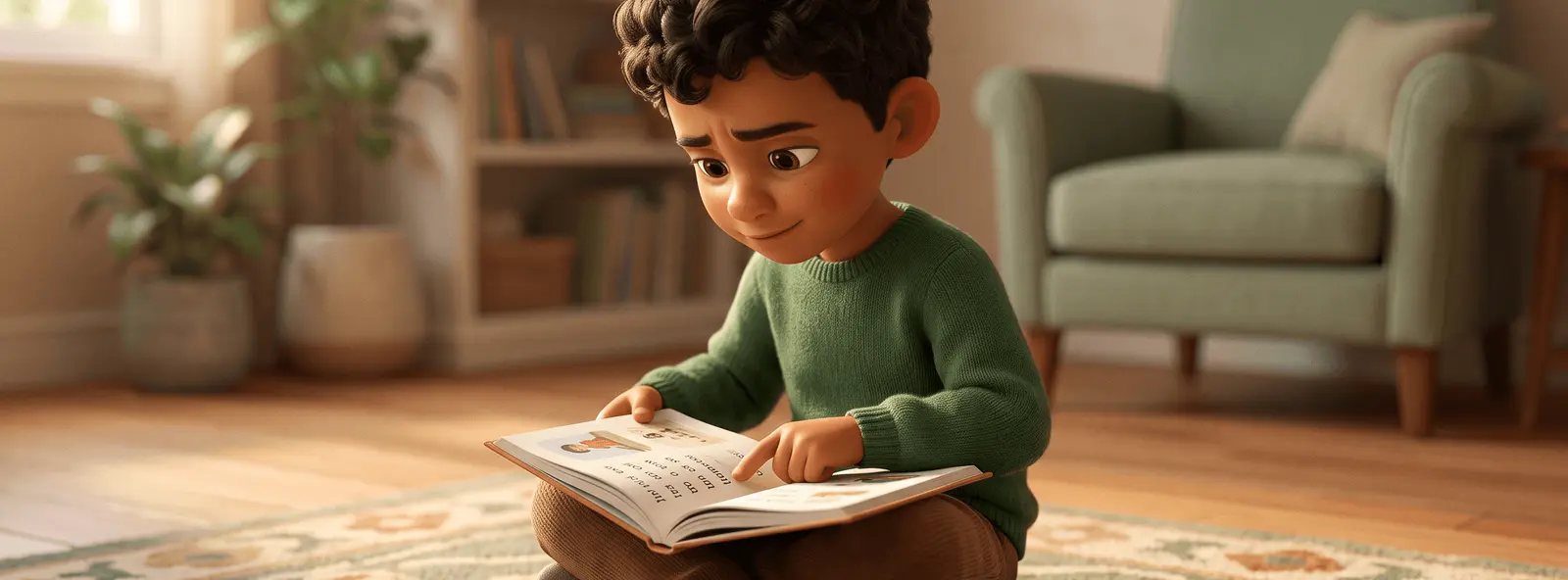 Un garçon de 6 ans assis en tailleur sur un tapis, un livre de première lecture ouvert sur les genoux, suit la ligne mot à mot avec son index, le front un peu plissé.
