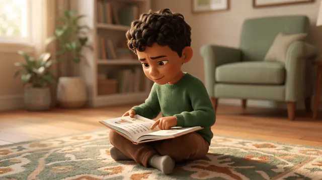 Un garçon de 6 ans assis en tailleur sur un tapis, un livre de première lecture ouvert sur les genoux, suit la ligne mot à mot avec son index, le front un peu plissé.