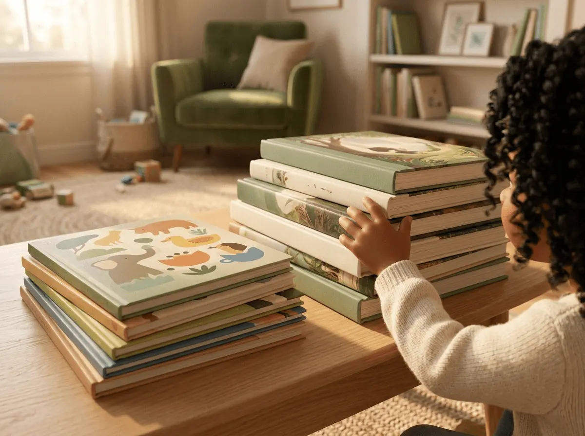 Deux piles de livres distinctes côte à côte sur une table basse, l'une de livres fins grand format et l'autre d'albums plus épais, la main d'un enfant de 6 ans se tend vers l'une d'elles.