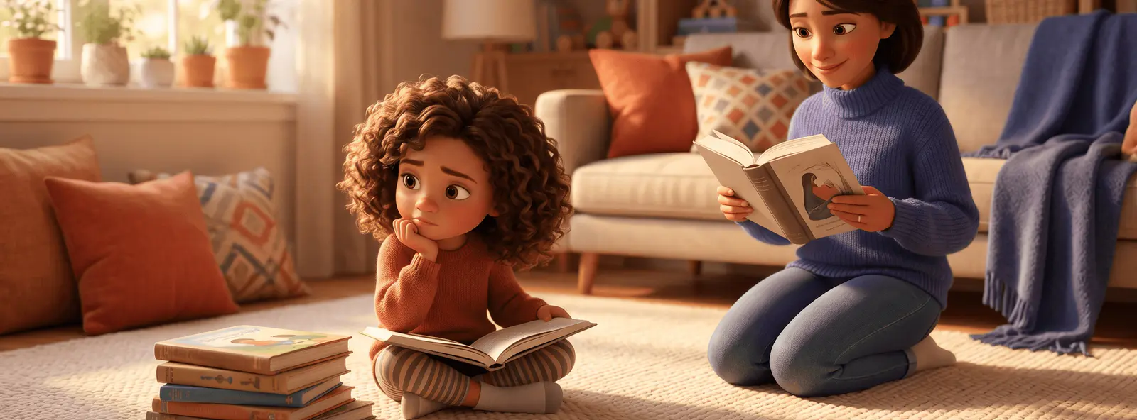Fillette de 6 ans pensive devant des livres, parent assis à côté