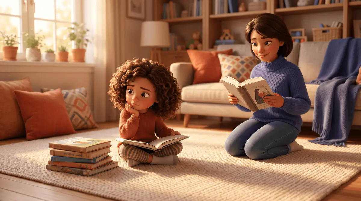 Fillette 6 ans pensive devant des livres, parent patient à côté, sans pression