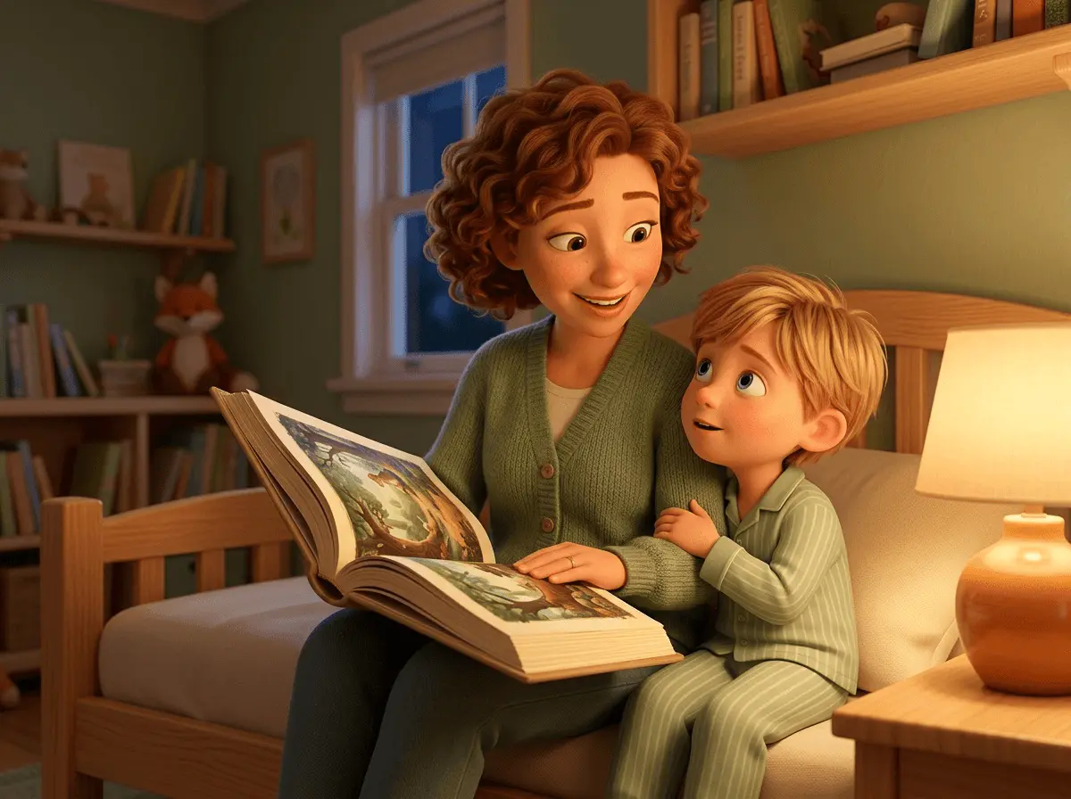 Un parent lit à voix haute un grand album illustré pendant qu'un enfant de 6 ans écoute, les yeux grands ouverts, dans une chambre le soir.
