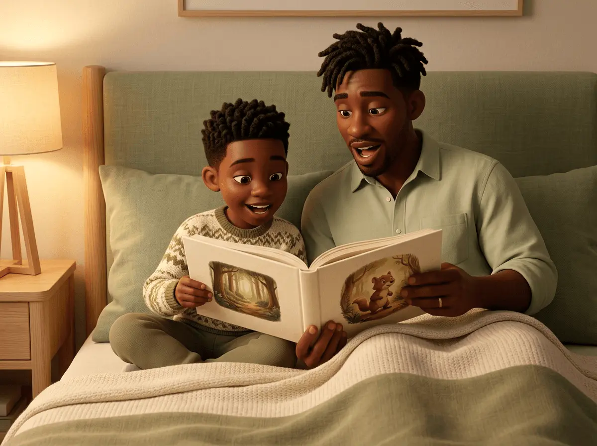 Un parent et un enfant de 7 ans partagent un même livre ouvert sur un lit, chacun lisant visiblement une partie différente à voix haute.