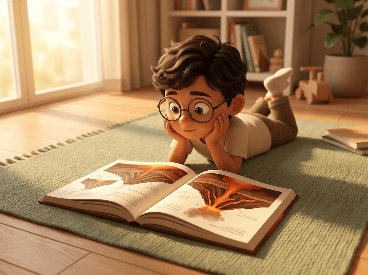 Un enfant de 7 ans à lunettes, allongé sur le ventre sur un tapis, dévore une grande double page illustrée de documentaire sur les volcans, le menton dans les mains.