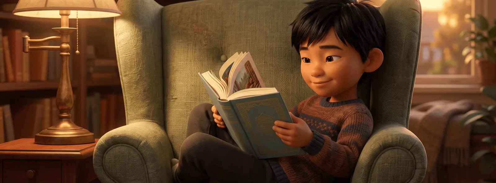 Un enfant de 8 ans recroquevillé en travers d'un grand fauteuil tient un roman illustré court, le pouce marquant sa progression dans les pages.