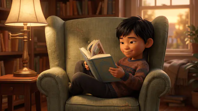 Un enfant de 8 ans recroquevillé en travers d'un grand fauteuil tient un roman illustré court, le pouce marquant sa progression dans les pages.