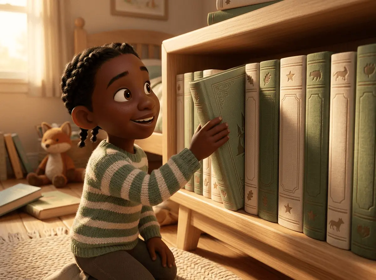 Une rangée de dos de livres identiques d'une même série alignés sur une étagère basse, un enfant de 8 ans en tire le tome suivant.