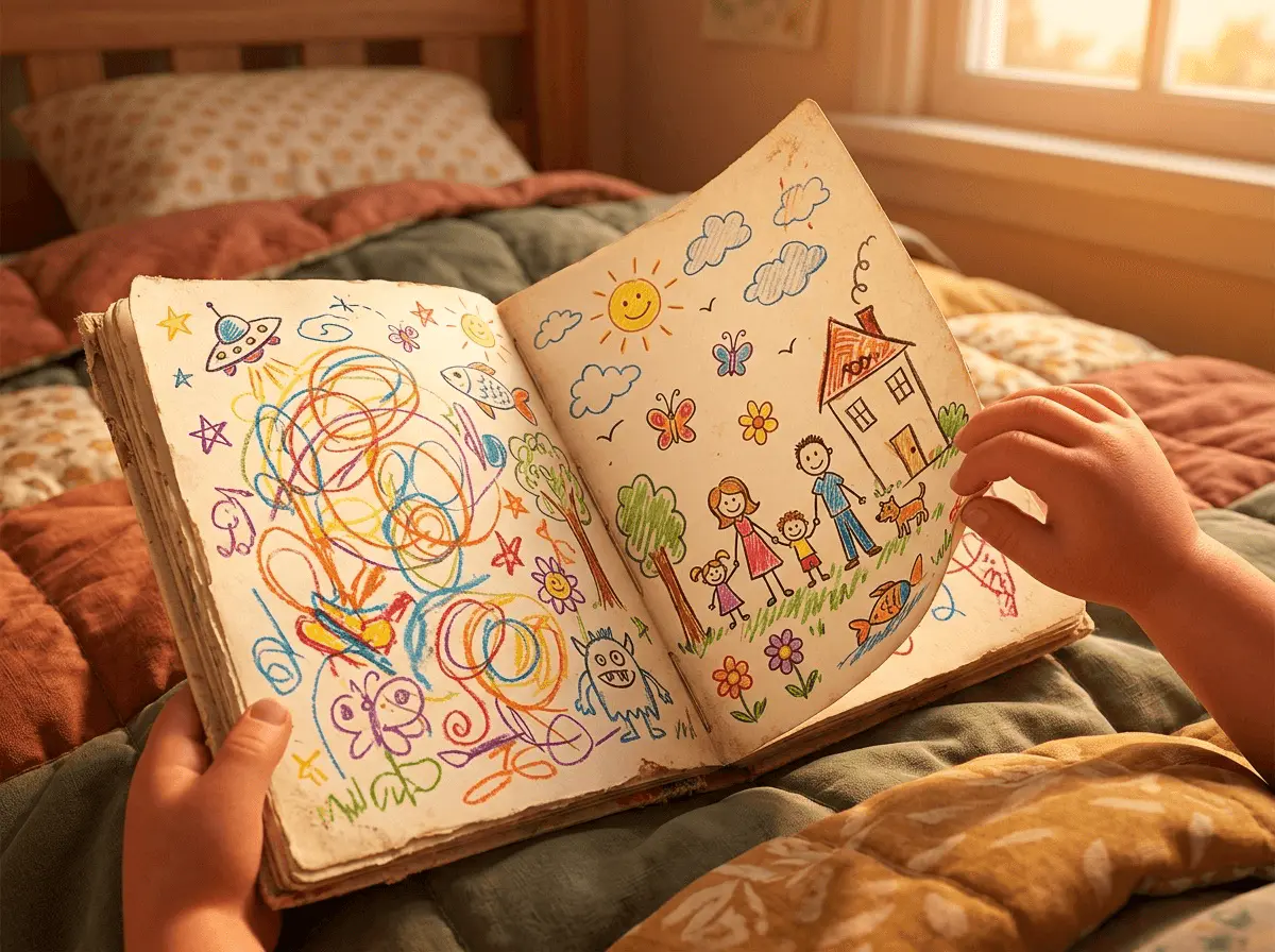 Gros plan d'un cahier ouvert sur une couette, rempli de dessins d'enfants aux crayons de couleur, une petite main tournant une page.