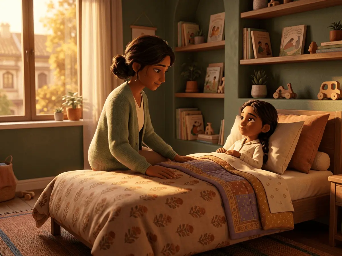 Un parent assis au bord du lit d'un enfant, une main posée sur la couette, l'enfant de 7 ans le regarde calmement.