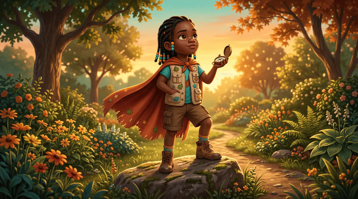 Une fillette de 6 ans debout sur un rocher de jardin, en tenue d'exploratrice et petite cape, tient une boussole et regarde au loin.