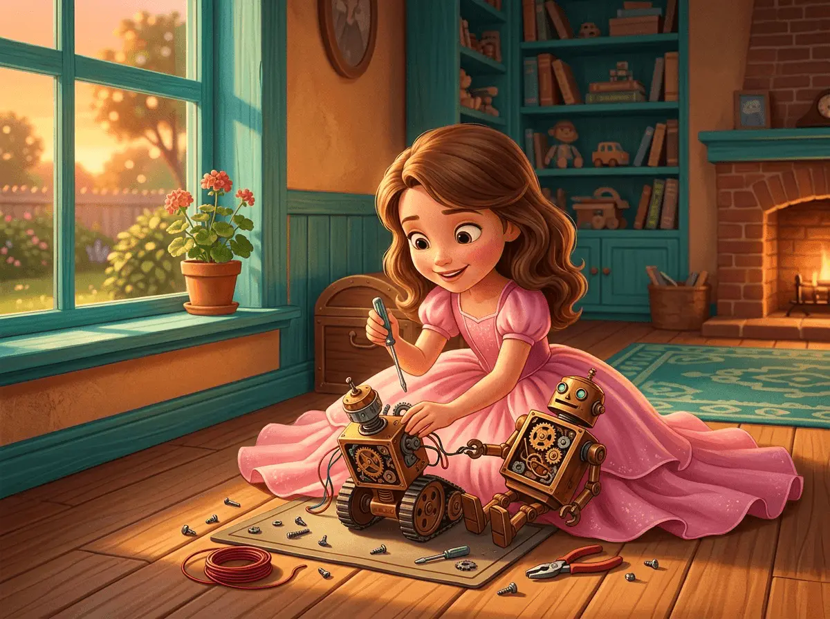 Une fillette de 5 ans en robe de princesse rose, à genoux sur le sol, répare un petit jouet mécanique avec un tournevis.