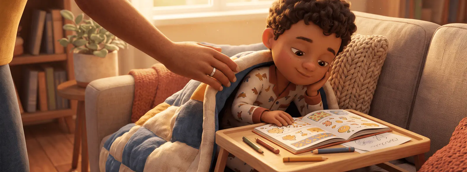 Un enfant de 6 ans enroulé dans une couverture sur un canapé, un plateau de lit avec un cahier d'activités et des crayons de couleur, une main de parent rajustant la couverture.