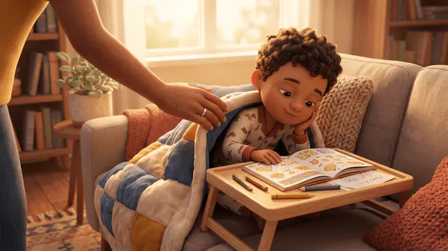 Un enfant de 6 ans enroulé dans une couverture sur un canapé, un plateau de lit avec un cahier d'activités et des crayons de couleur, une main de parent rajustant la couverture.
