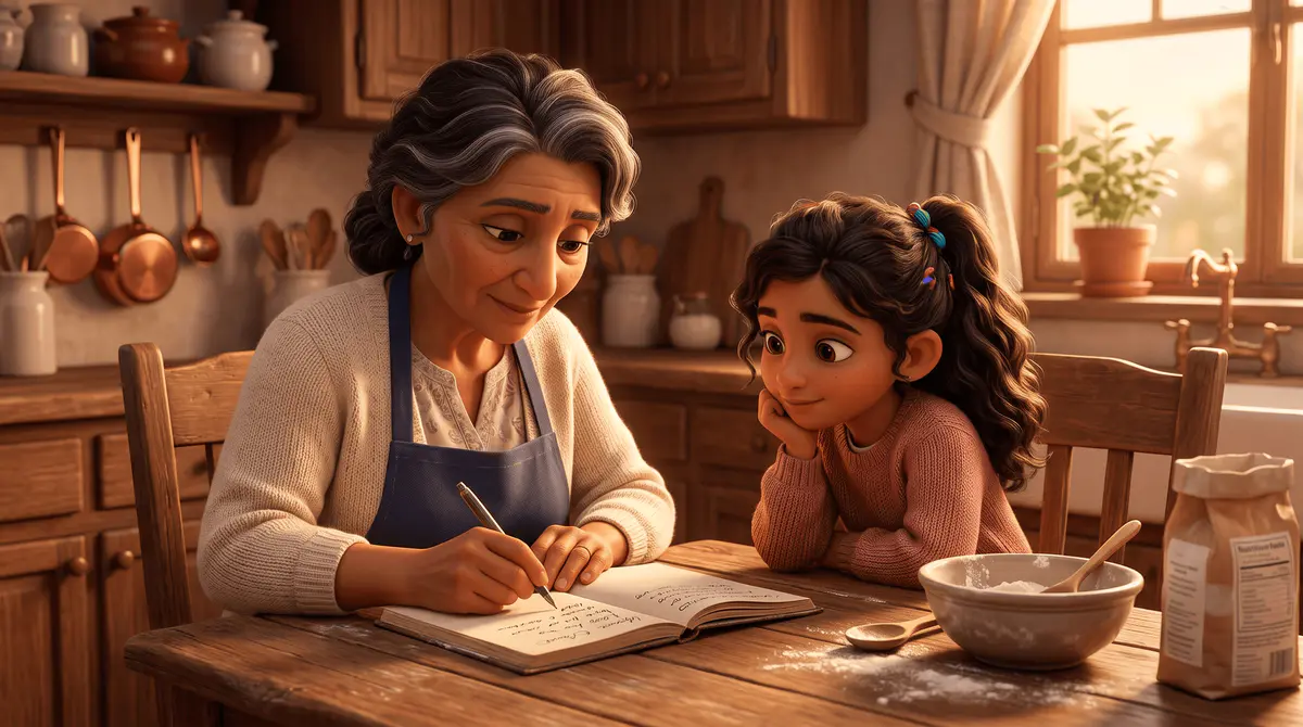 Une grand-mère et sa petite-fille de 7 ans côte à côte à une table de cuisine, la grand-mère écrit une recette à la main dans un carnet pendant que la fillette regarde.