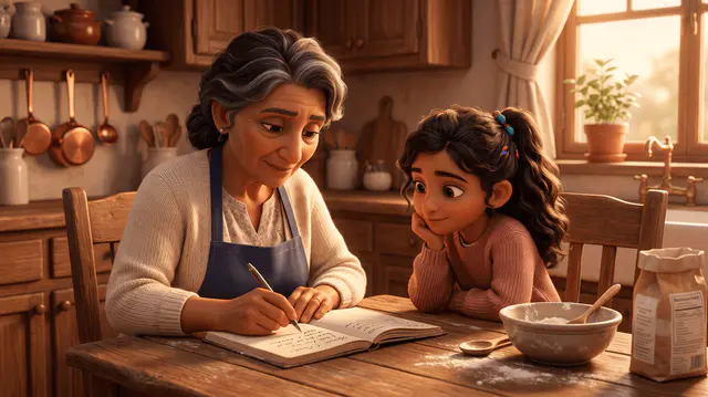 Une grand-mère et sa petite-fille de 7 ans côte à côte à une table de cuisine, la grand-mère écrit une recette à la main dans un carnet pendant que la fillette regarde.
