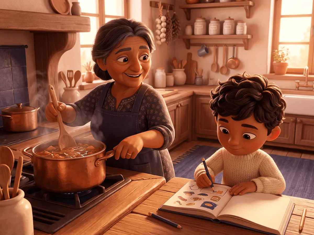 Une grand-mère et son petit-fils de 7 ans cuisinent ensemble, le garçon illustre une page de recette au coin de la table