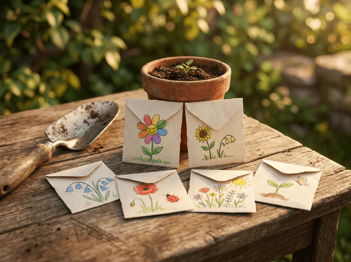 Six petites enveloppes de graines décorées à la main posées sur une table de jardin en bois, à côté d'une truelle et d'un pot