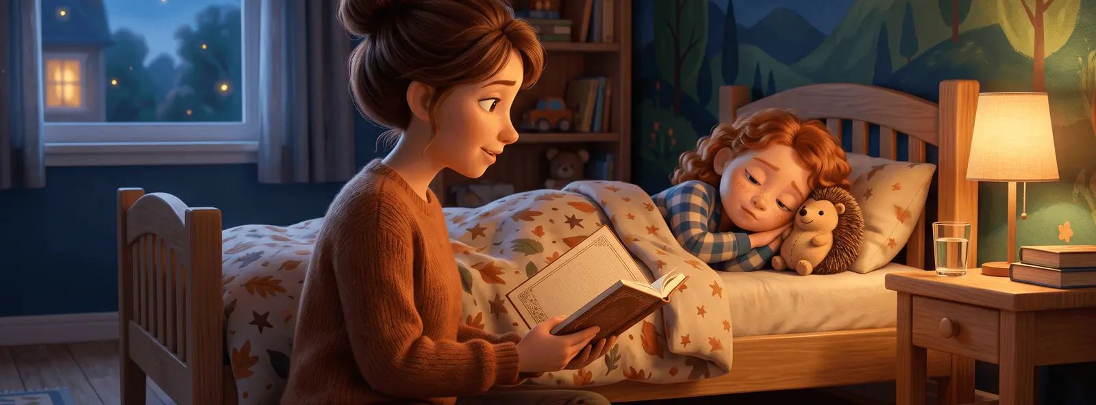Un parent assis au sol près du lit lit un petit livre à voix haute, l'enfant de 5 ans à moitié endormi sous la couette