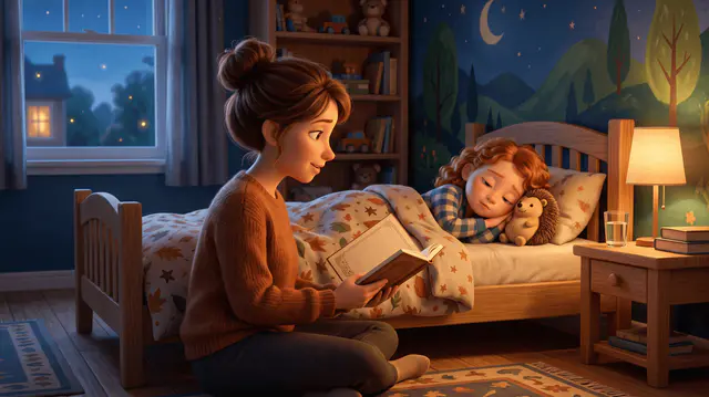 Un parent assis au sol près du lit lit un petit livre à voix haute, l'enfant de 5 ans à moitié endormi sous la couette