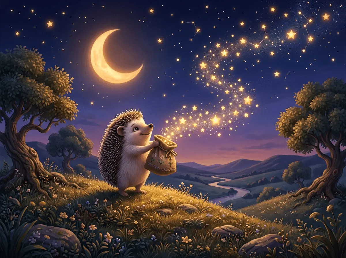 Un petit hérisson debout sur une colline éclairée par la lune vide un sac dans le ciel, le contenu se transformant en étoiles