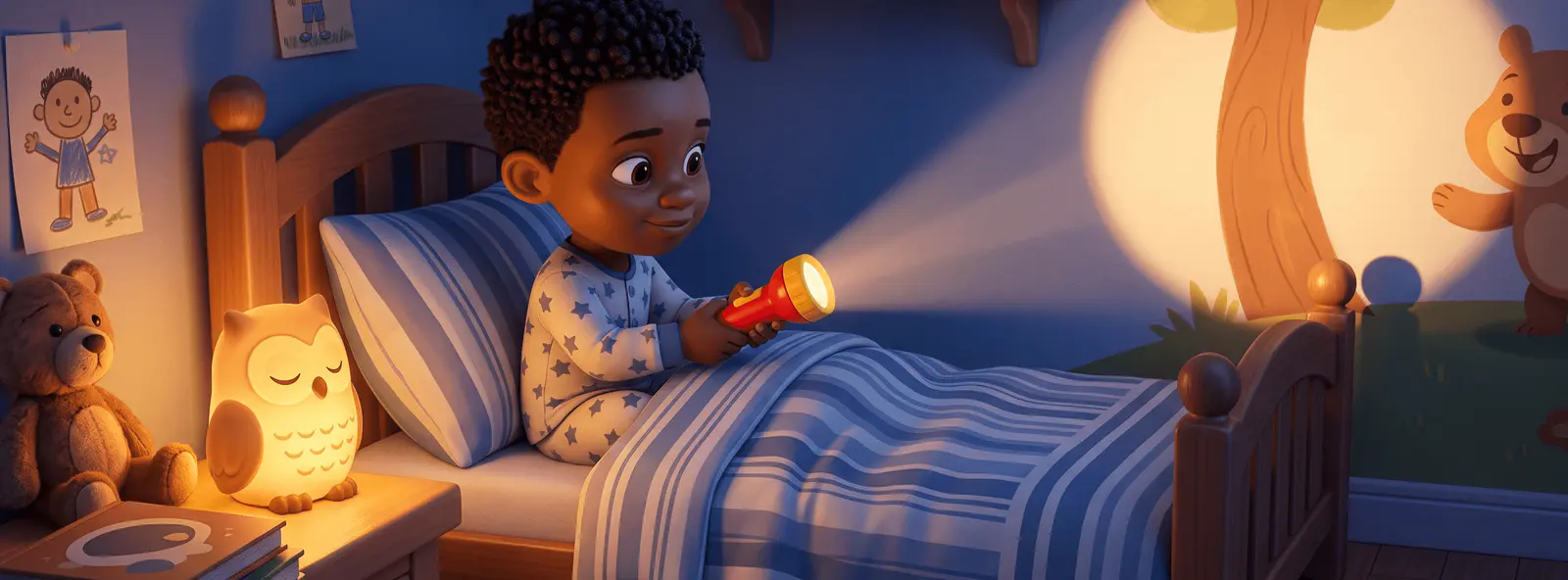 Enfant de 4 ans assis dans son lit allumant sa propre petite lampe torche, le faisceau éclairant un cercle sur le mur
