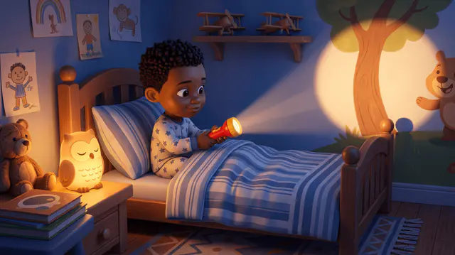 Enfant de 4 ans assis dans son lit allumant sa propre petite lampe torche, le faisceau éclairant un cercle sur le mur