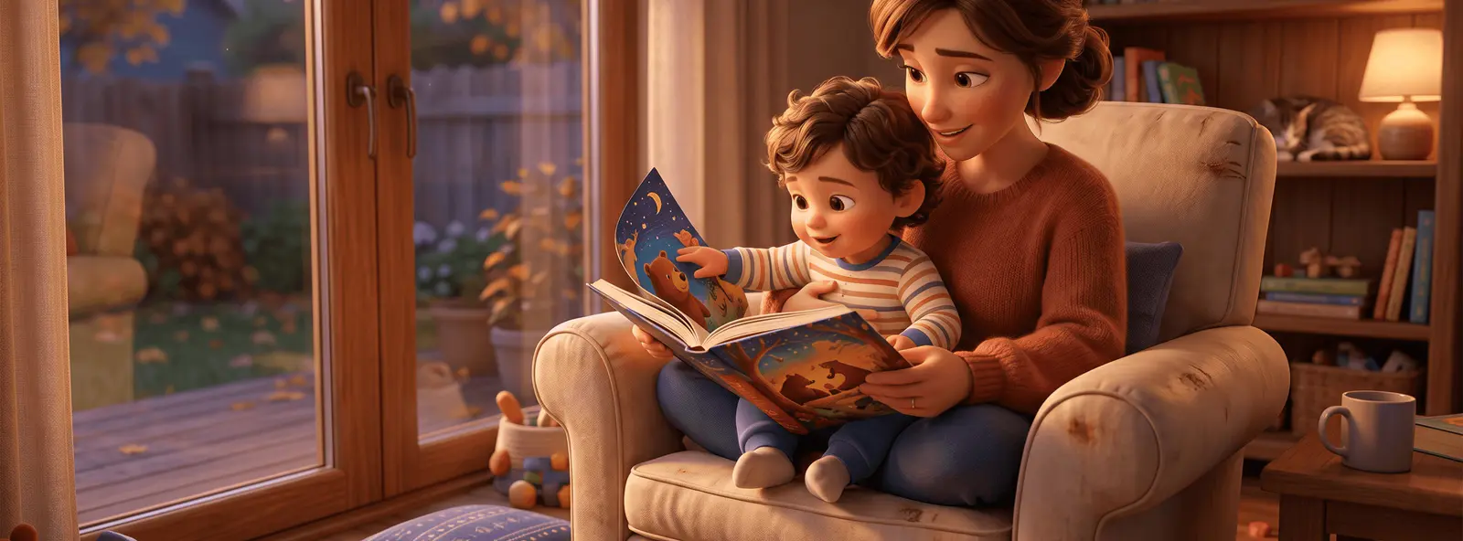 Bambin de 2 ans dans les bras d'un parent, absorbé dans un livre illustré, assis dans un fauteuil