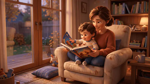 Bambin de 2 ans dans les bras d'un parent, absorbé dans un livre illustré, assis dans un fauteuil