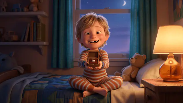 Enfant de 6 ans souriant avec une dent en moins, tendant une petite boîte en bois contenant une dent de lait