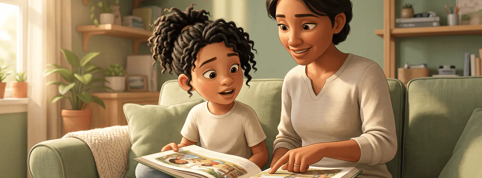 Un parent et un enfant de 8 ans partagent un livre sur un canapé, l'enfant lit une réplique pendant que le parent suit du doigt