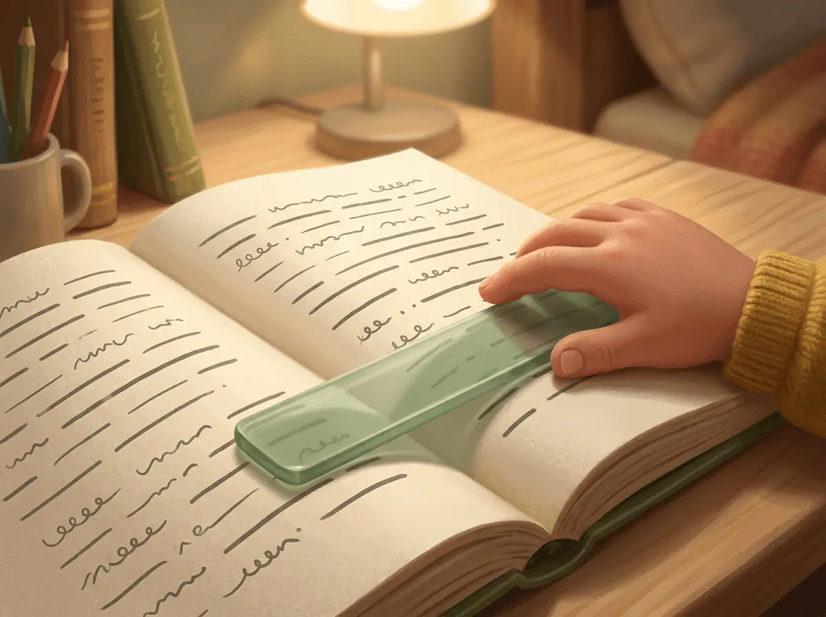 Gros plan sur une main d'enfant faisant glisser une règle de lecture colorée sur la page d'un livre aux lignes très espacées