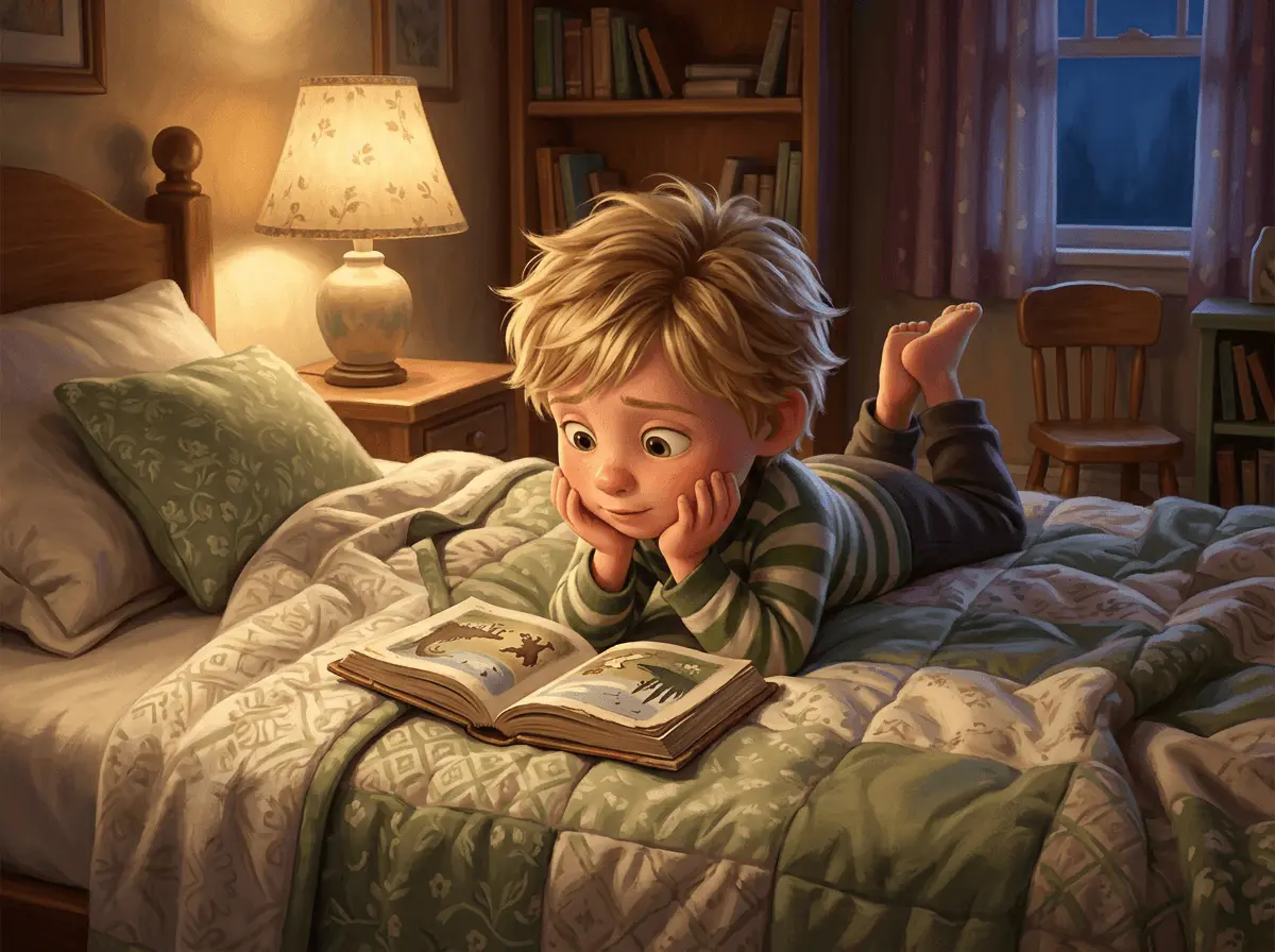 Enfant de 6 ans allongé sur le ventre sur son lit, relisant un petit livre très usé