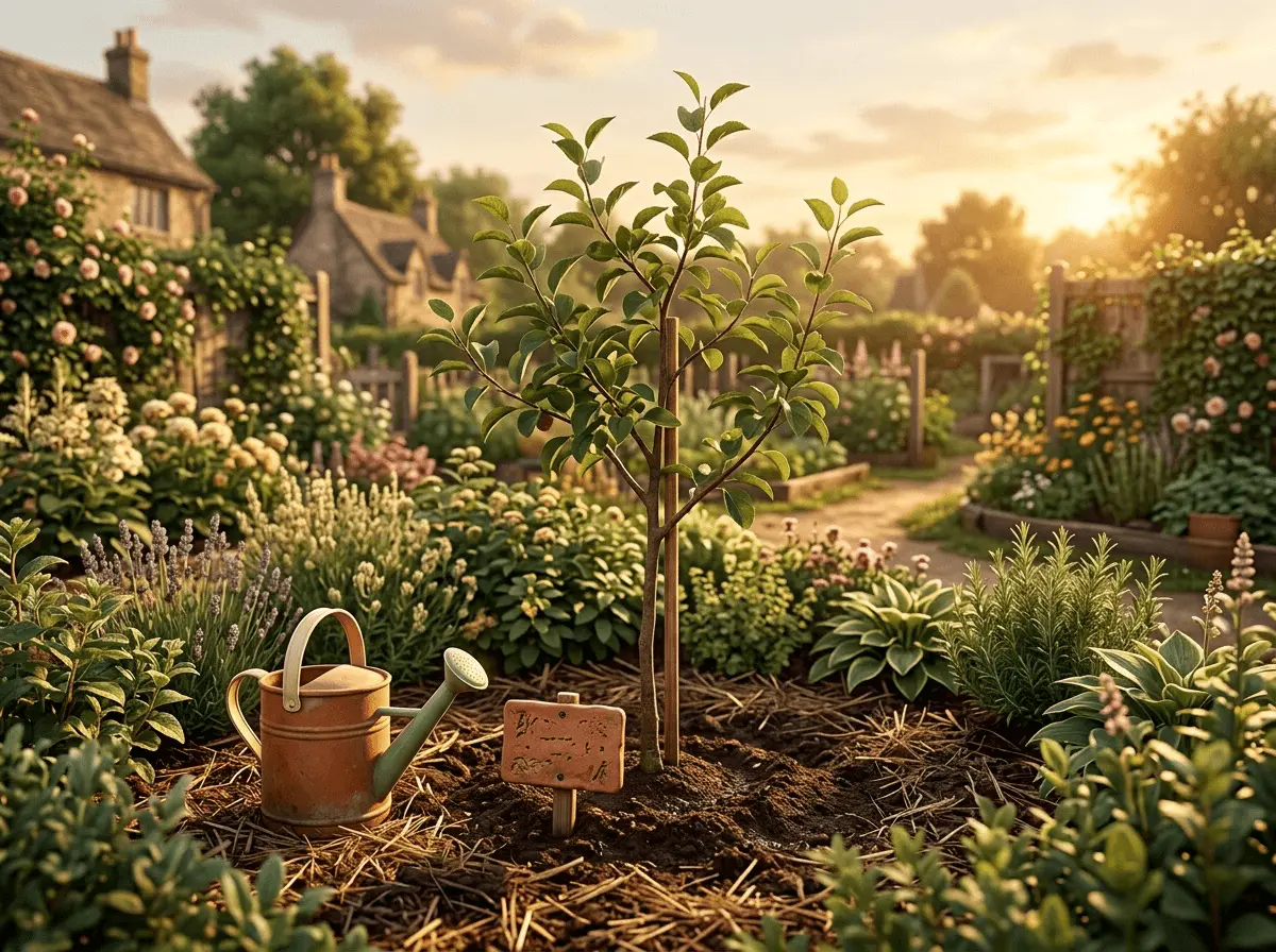 Jeune arbre fruitier fraîchement planté dans un jardin avec une petite plaque discrète à son pied et un arrosoir à côté