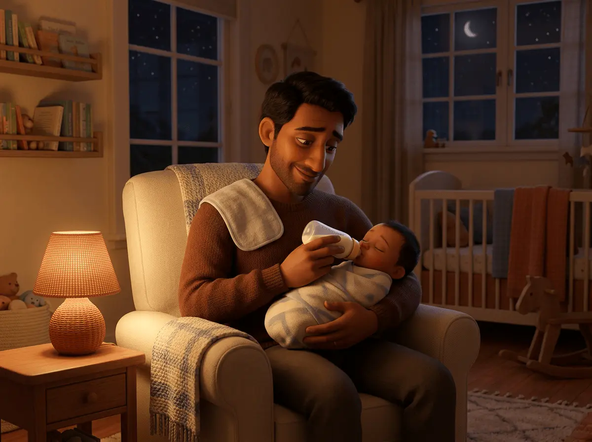 Père assis dans un fauteuil de chambre d'enfant la nuit, donnant un biberon à son nouveau-né sous une lampe à faible intensité