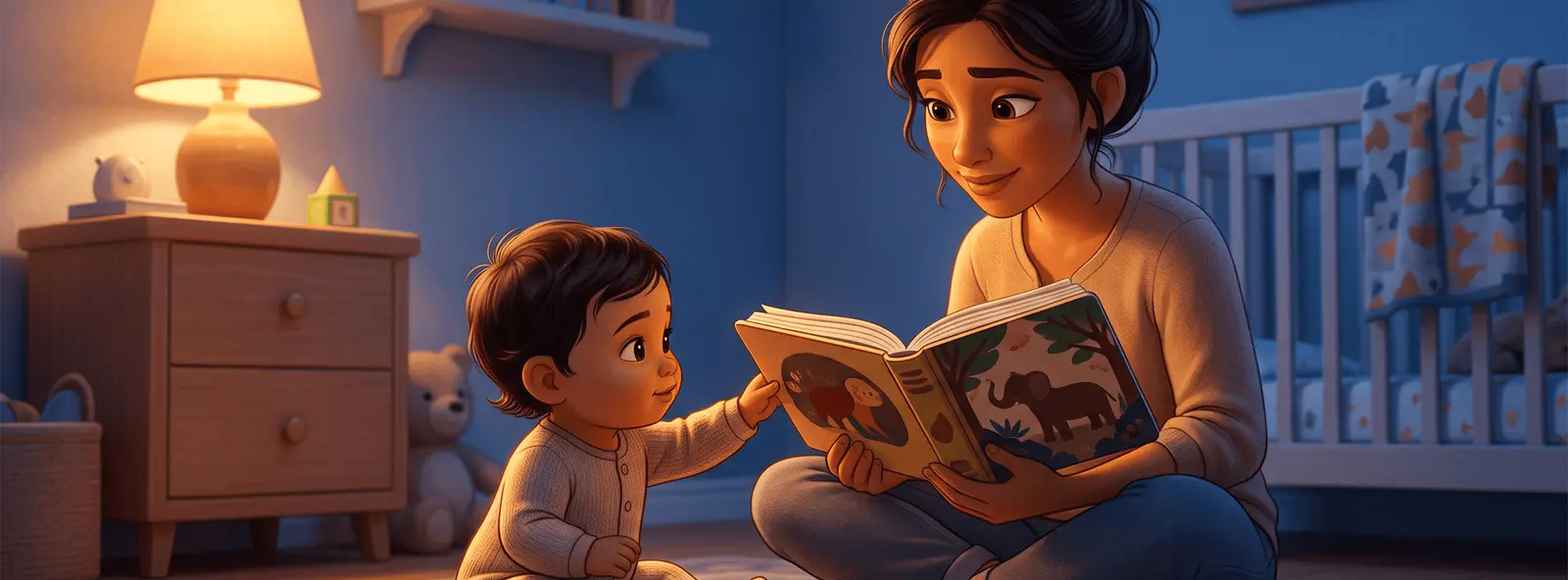 Un parent assis immobile sur le sol d'une chambre d'enfant tient un livre cartonné ouvert devant un bébé de 10 mois qui tend la main vers la page