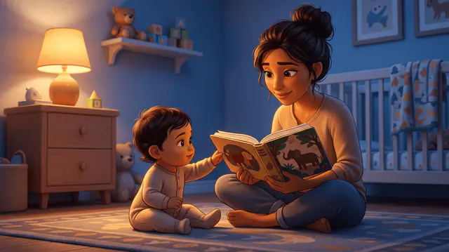 Un parent assis immobile sur le sol d'une chambre d'enfant tient un livre cartonné ouvert devant un bébé de 10 mois qui tend la main vers la page