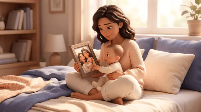 Jeune mère assise sur un lit tenant une photographie fraîchement encadrée d'elle avec son bébé de cinq mois, le bébé tend la main vers le cadre