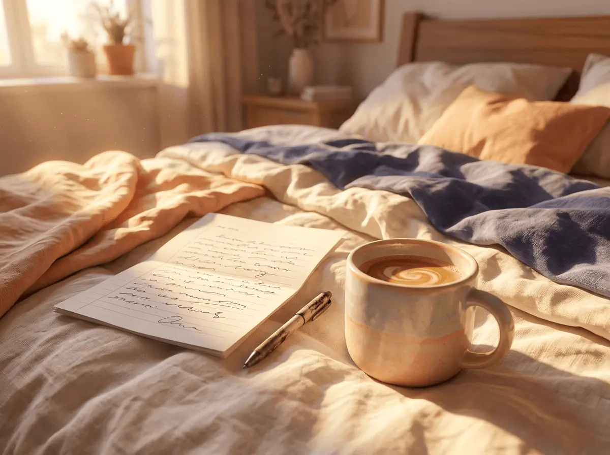 Gros plan sur une lettre manuscrite posée sur une couette froissée à côté d'un mug de café, lumière du matin
