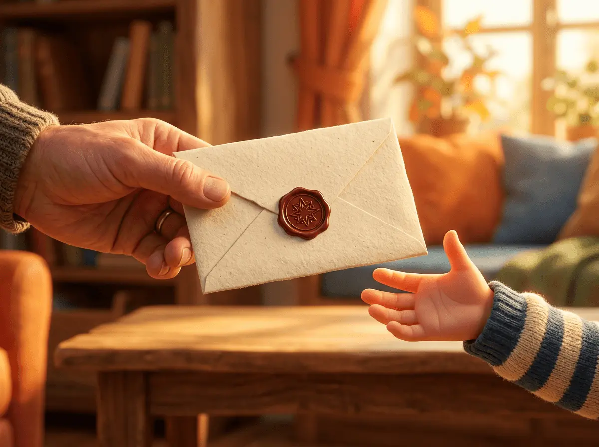 Gros plan sur une enveloppe fermée par un cachet de cire passant d'une main d'adulte à une main d'enfant