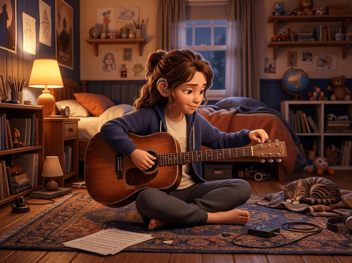 Adolescent de 13 ans assis au sol de sa chambre accordant une vraie guitare acoustique, un appareil auditif visible derrière l'oreille
