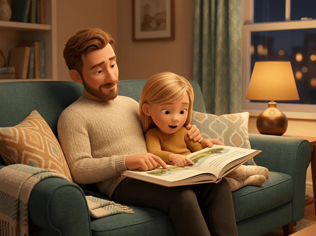 Une petite fille avec son papa pour un temps de lecture
